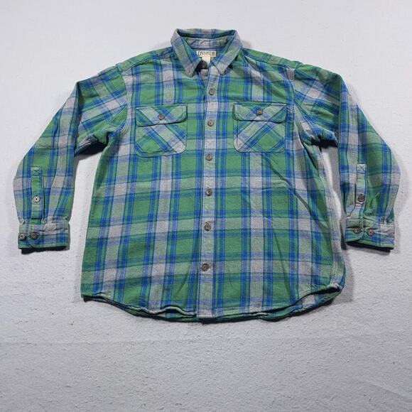 Duluth Trading Flannel Shirt Men L Heavyweight Button Up Green Blue Plaid Cotton - Picture 1 of 8